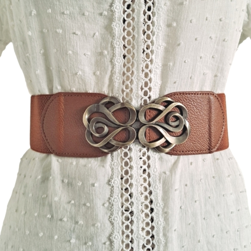 Brown antique gold ornate buckle corset boho elastic wide waist dress belt